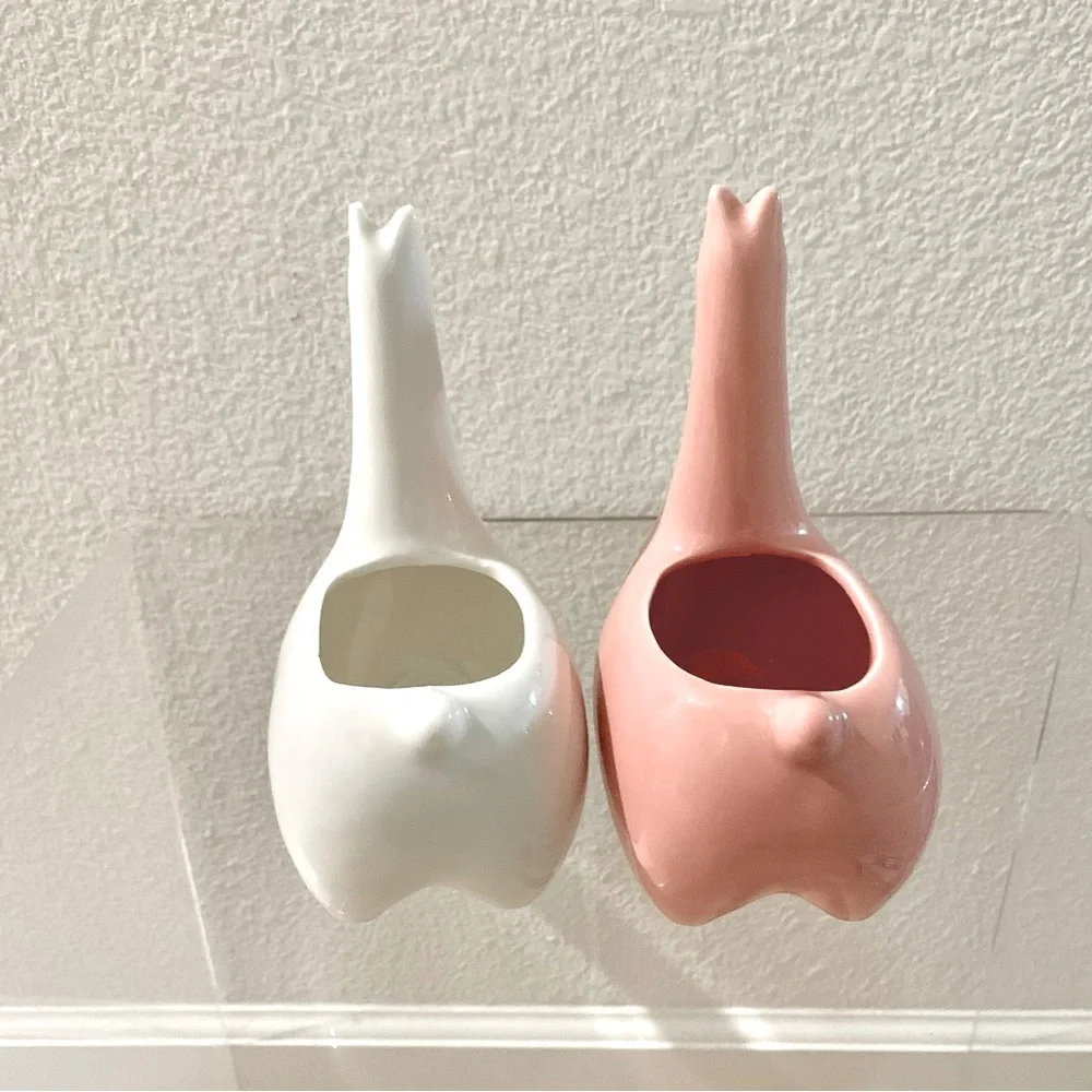 🦙 2 Pink White Llama Mini Planter Vases Porcelain Home Decor